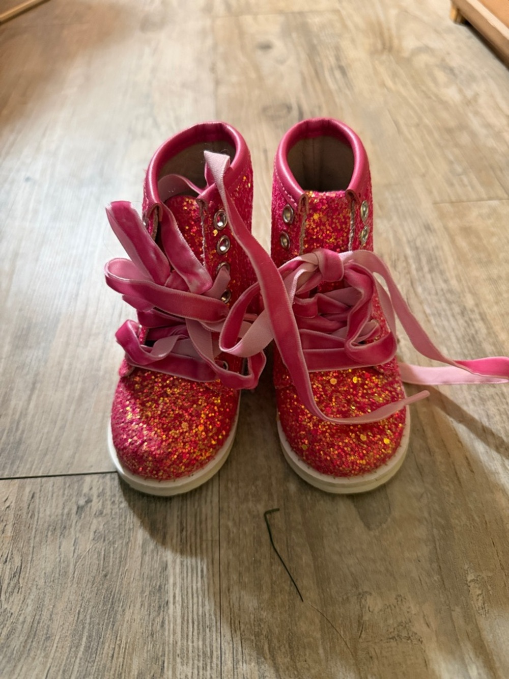 Girls Sparkle High-Top Sneakers with Ribbon Laces - Pink Glitter